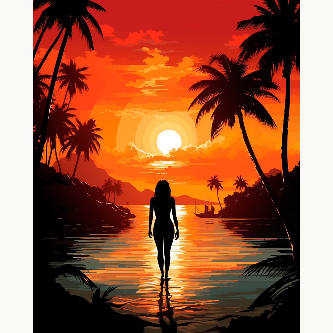 A woman stands on a beach during sunset.