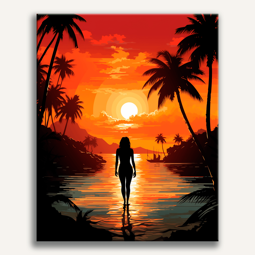 A woman stands on a beach during sunset.