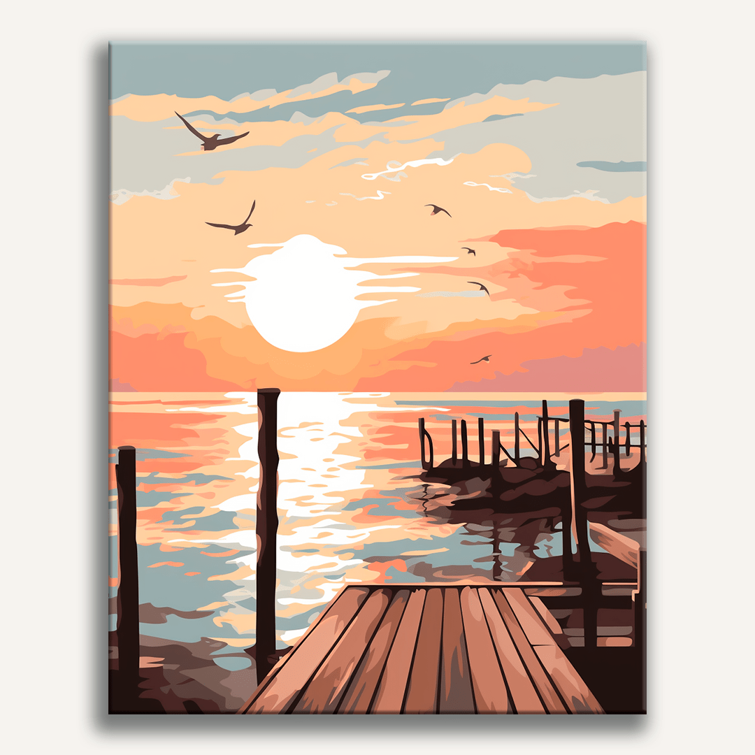 A tranquil sunset scene depicts a wooden dock extending into calm waters.