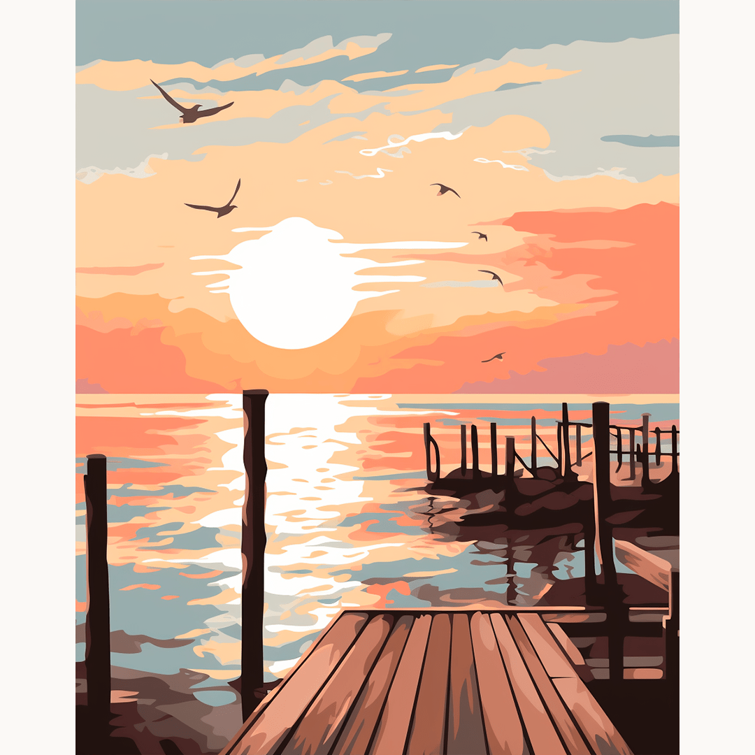A tranquil sunset scene depicts a wooden dock extending into calm waters.