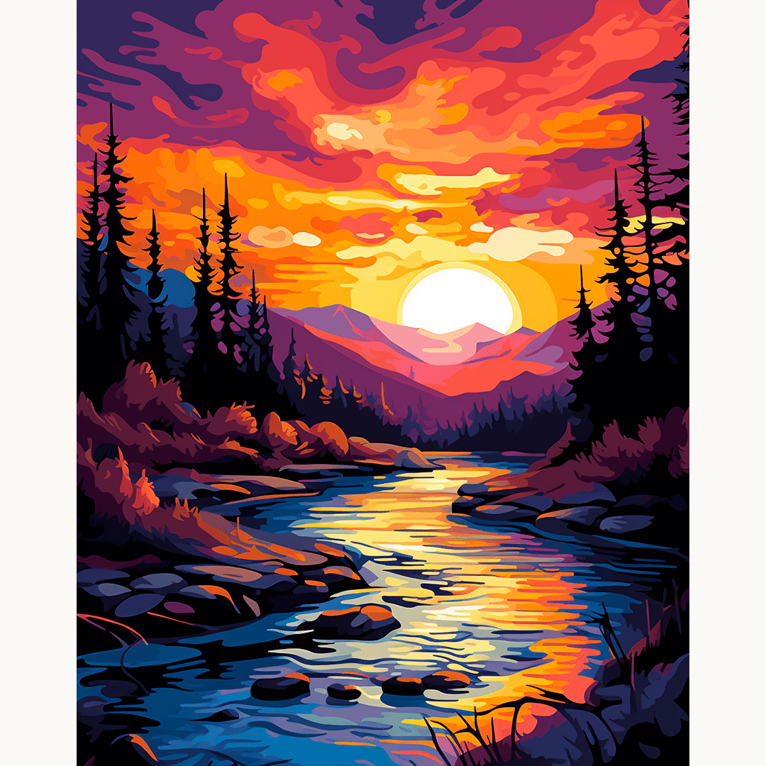 A stylized image featuring a tranquil landscape during sunset.