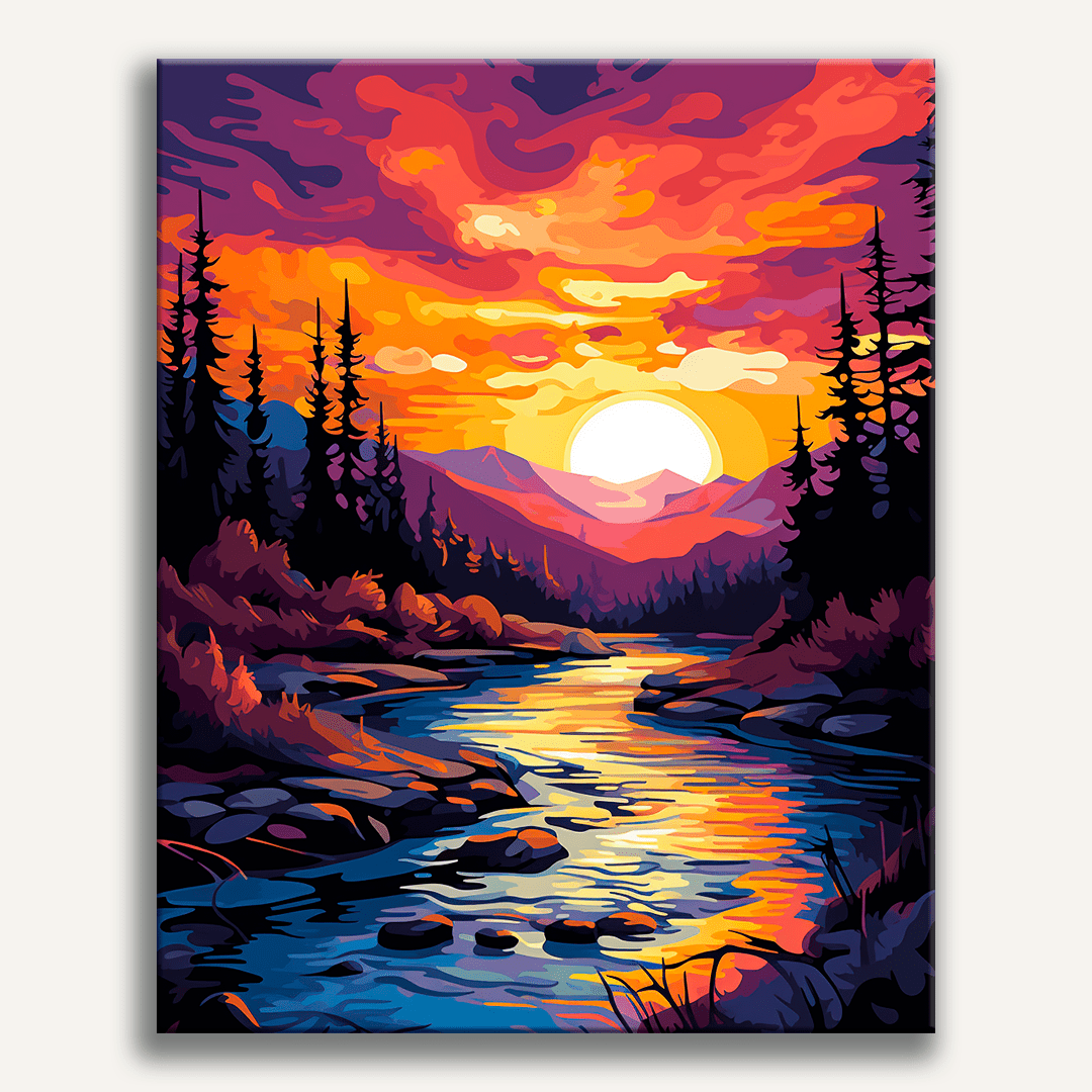 A stylized image featuring a tranquil landscape during sunset.