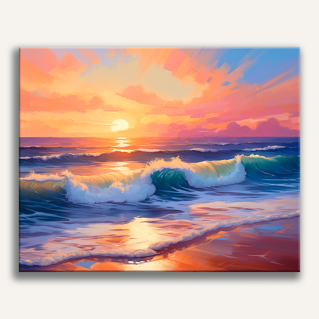 This image captures a serene beach scene at sunset.