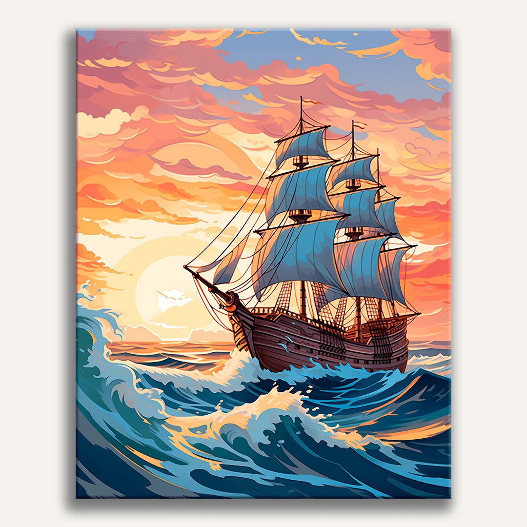 A large, detailed illustration showcases a sailing ship in full sail on rough ocean waves, under a dramatic sky transitioning from dusk to dawn..