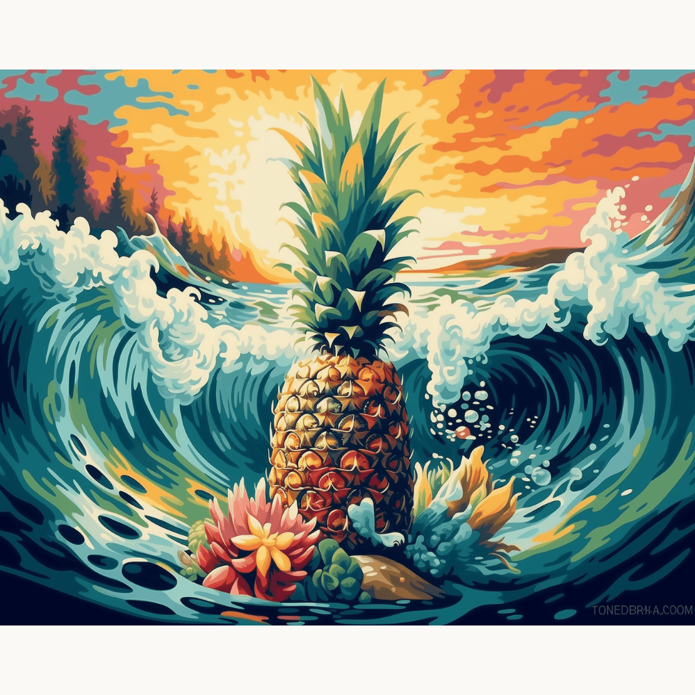 The image features a pineapple prominently positioned atop an ocean wave.
