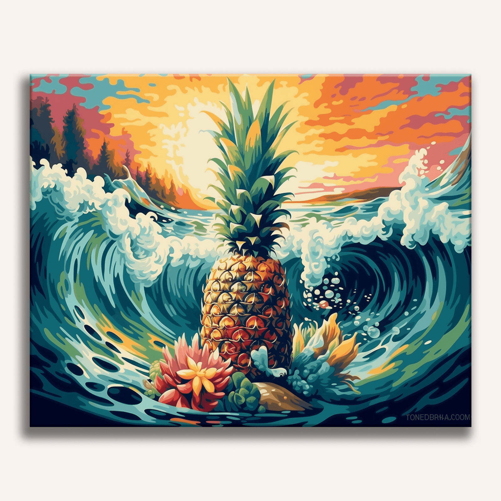 The image features a pineapple prominently positioned atop an ocean wave.