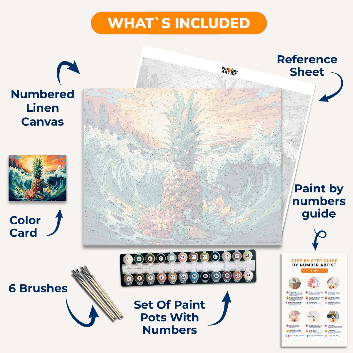 The image features a pineapple prominently positioned atop an ocean wave.