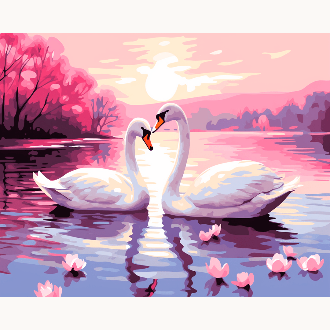 The image features two white swans floating on a serene lake at sunset.