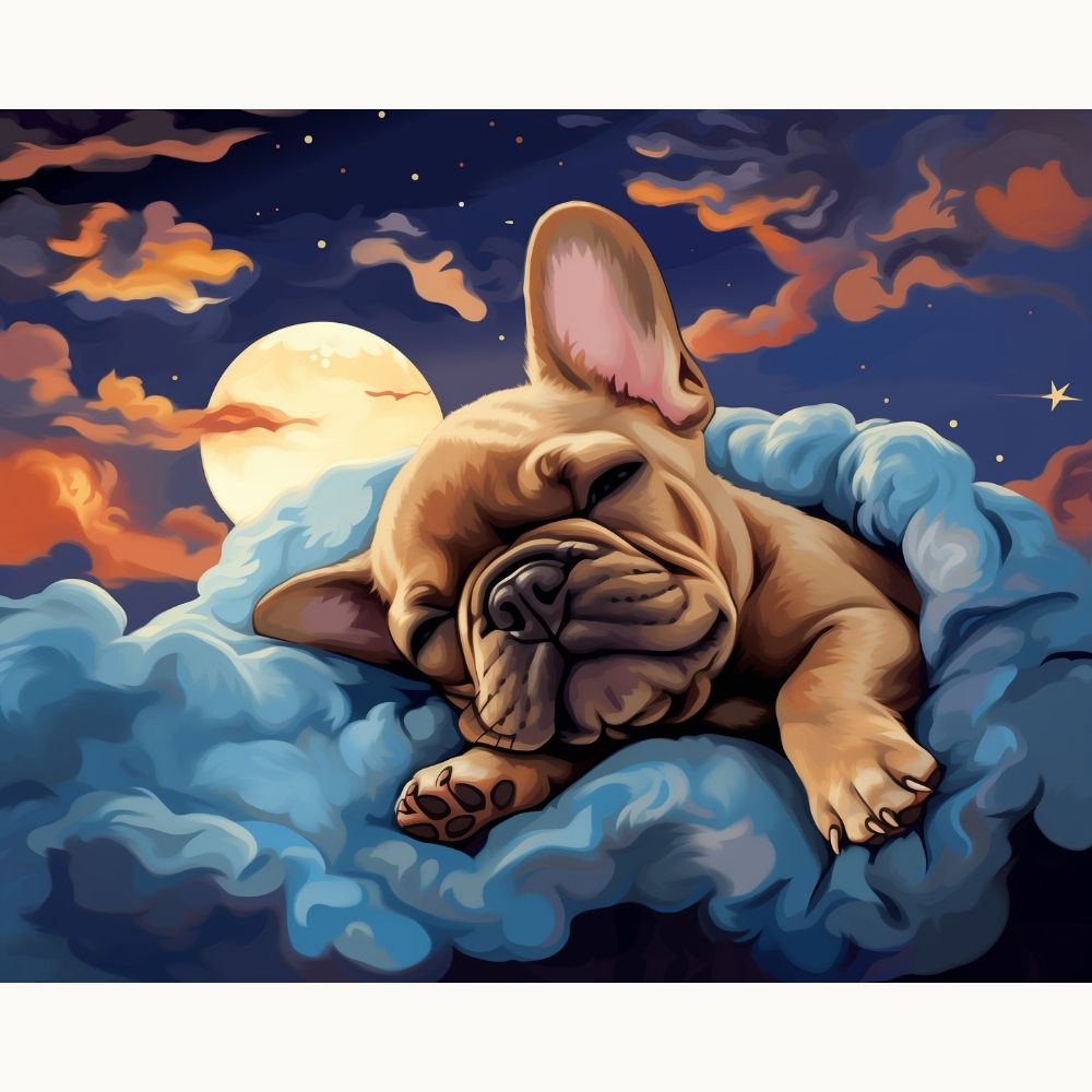 A French Bulldog is peacefully sleeping on a fluffy cloud against a starlit sky at night, resting on its side with legs tucked in and eyes gently closed..