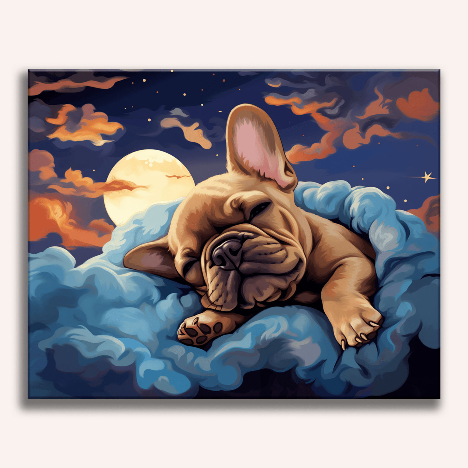 A French Bulldog is peacefully sleeping on a fluffy cloud against a starlit sky at night, resting on its side with legs tucked in and eyes gently closed..