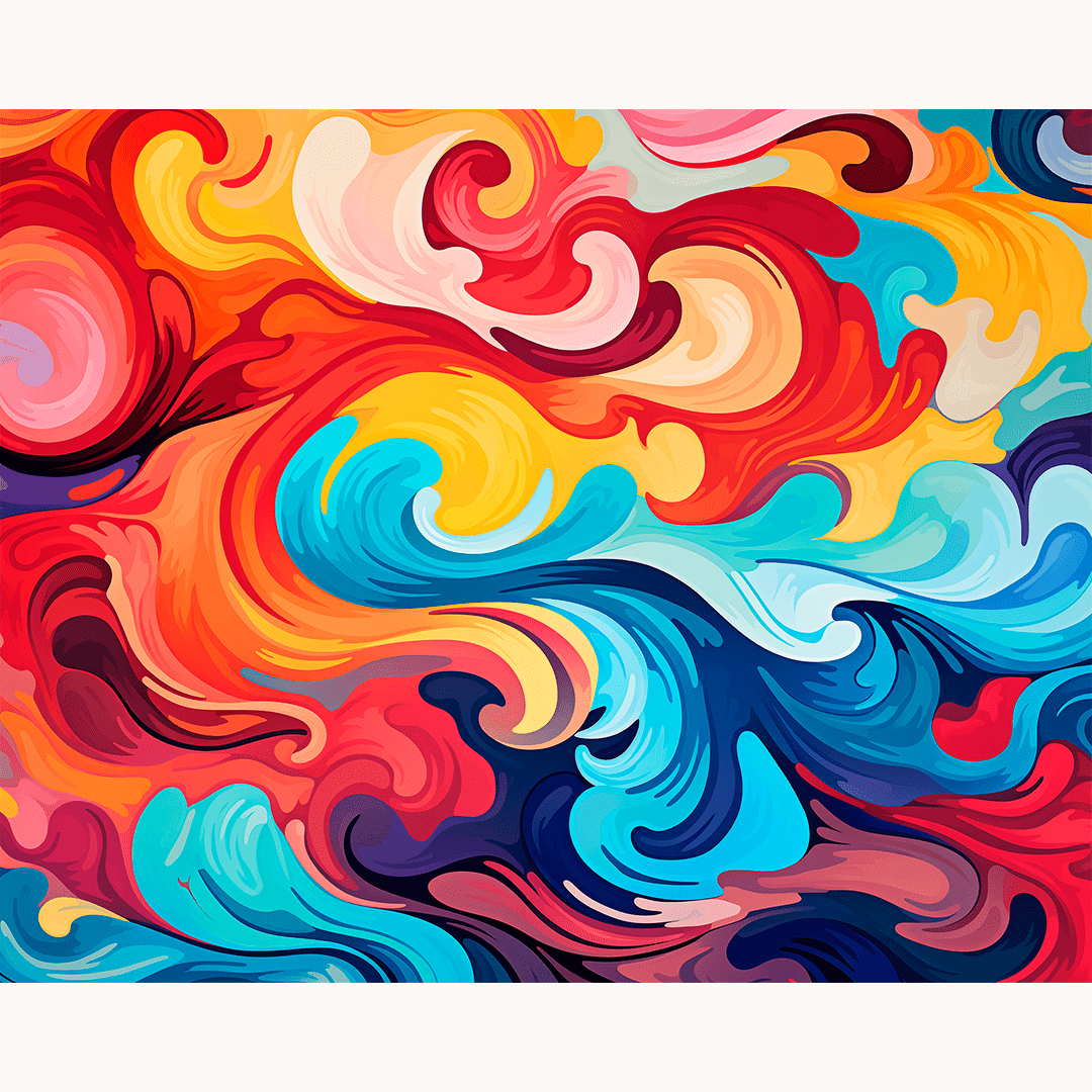 A vibrant and colorful digital art piece featuring an abstract design composed of fluid, curling forms with a kaleidoscope effect, predominantly in shades of blue, orange, and red, on a square canvas with a white border..