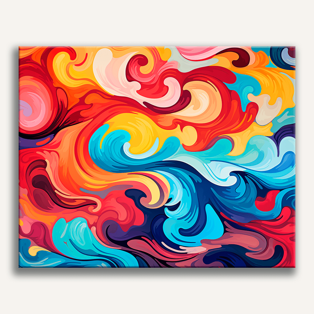 A vibrant and colorful digital art piece featuring an abstract design composed of fluid, curling forms with a kaleidoscope effect, predominantly in shades of blue, orange, and red, on a square canvas with a white border..
