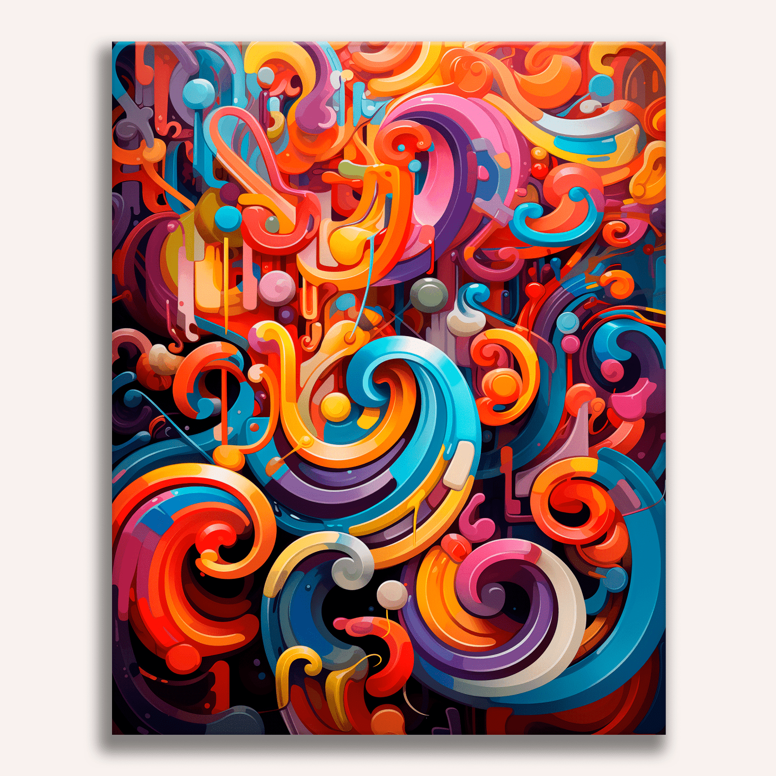 A canvas displaying a vibrant, abstract art piece composed of swirling patterns and bright colors, resembling a graffiti-style mural with an emphasis on geometric shapes and playful interplay of forms..