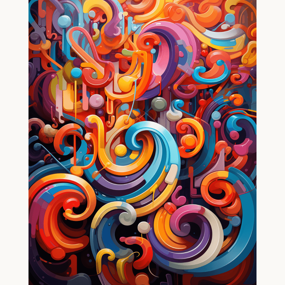 A canvas displaying a vibrant, abstract art piece composed of swirling patterns and bright colors, resembling a graffiti-style mural with an emphasis on geometric shapes and playful interplay of forms..