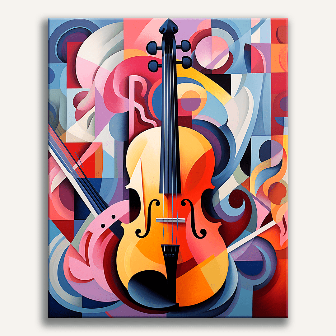 An illustration of an ornate violin resting on a vibrant colorful mosaic background with artistic swirls, abstract geometric shapes, and musical notes scattered around..