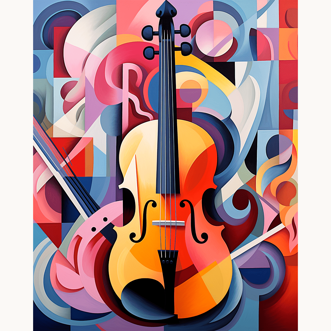 An illustration of an ornate violin resting on a vibrant colorful mosaic background with artistic swirls, abstract geometric shapes, and musical notes scattered around..