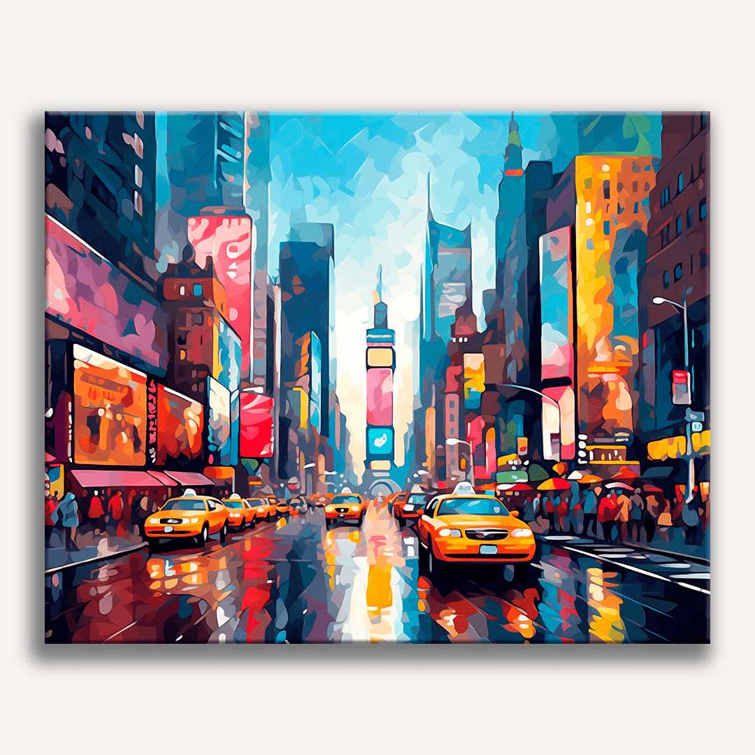 A colorful cityscape illustration on canvas, depicting a bustling street scene at dusk, with rain-soaked buildings and illuminated signs reflecting on wet sidewalks and streets, featuring an overhead view of a busy Times Square intersection in New York City, showcasing the iconic Broadway musical theater marquees against a vibrant sky..
