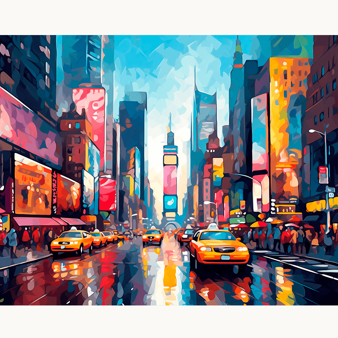 A colorful cityscape illustration on canvas, depicting a bustling street scene at dusk, with rain-soaked buildings and illuminated signs reflecting on wet sidewalks and streets, featuring an overhead view of a busy Times Square intersection in New York City, showcasing the iconic Broadway musical theater marquees against a vibrant sky..