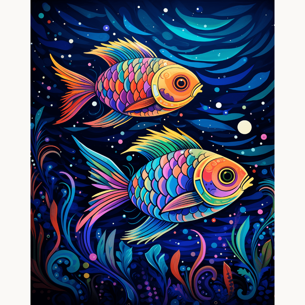 A digital illustration of two vibrant koi fish swimming against a backdrop of a dark, star-filled night sky, surrounded by swirling, colorful aquatic plants and coral, conveying a sense of serenity and underwater wonder..