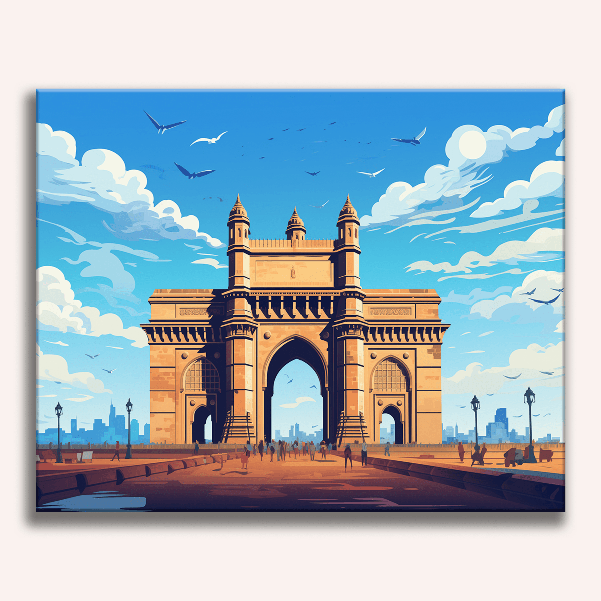 A vibrant and artistic representation depicts a large, ornate archway reminiscent of the Gateway of India, standing majestically amidst a cityscape under a clear sky dotted with fluffy clouds.