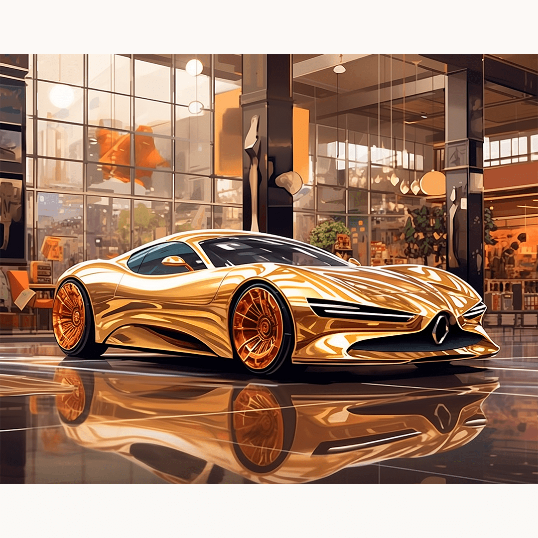 A highly detailed illustration presents a futuristic electric hypercar showcased in a modern, industrial showroom.