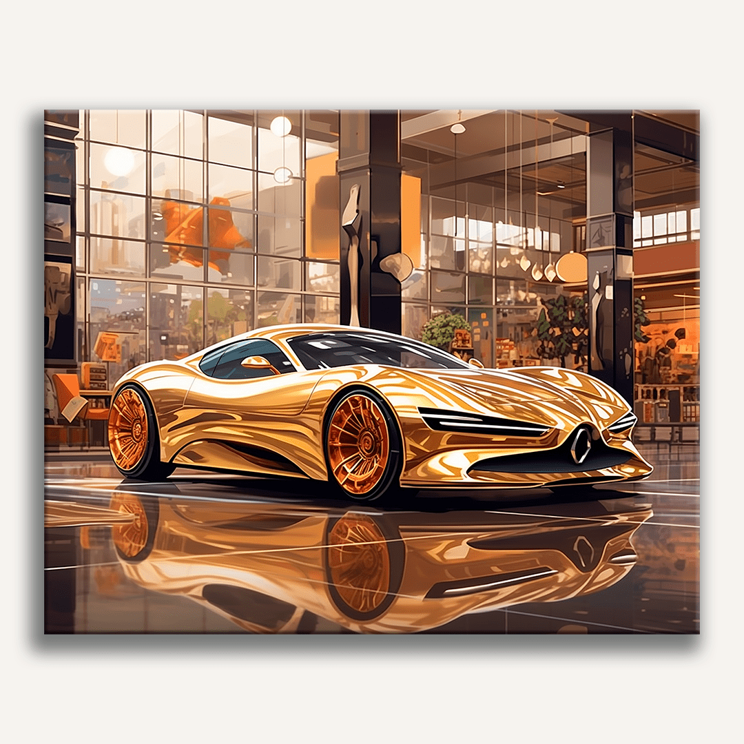 A highly detailed illustration presents a futuristic electric hypercar showcased in a modern, industrial showroom.