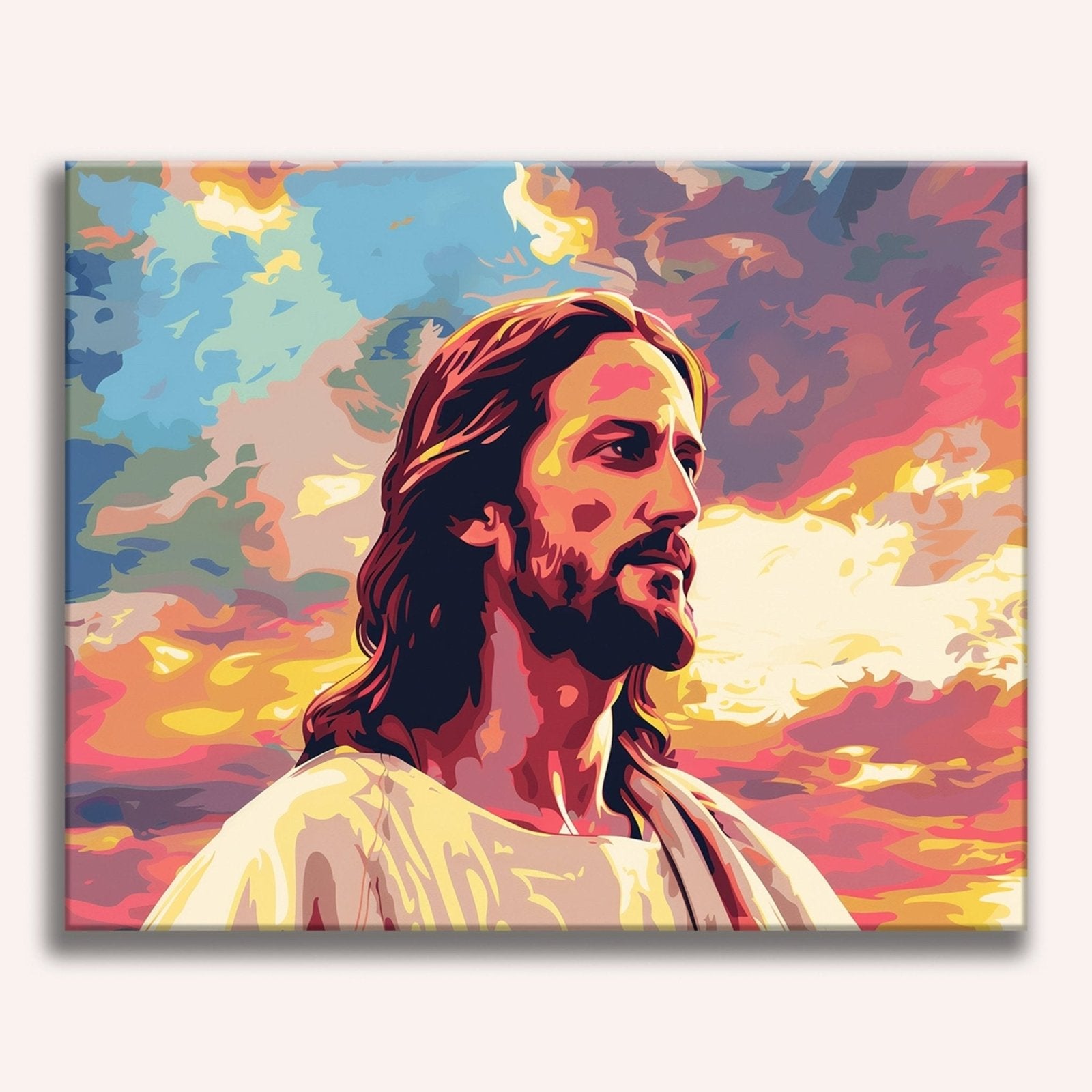 A square canvas print featuring a vibrant sunset background with multicolored clouds.