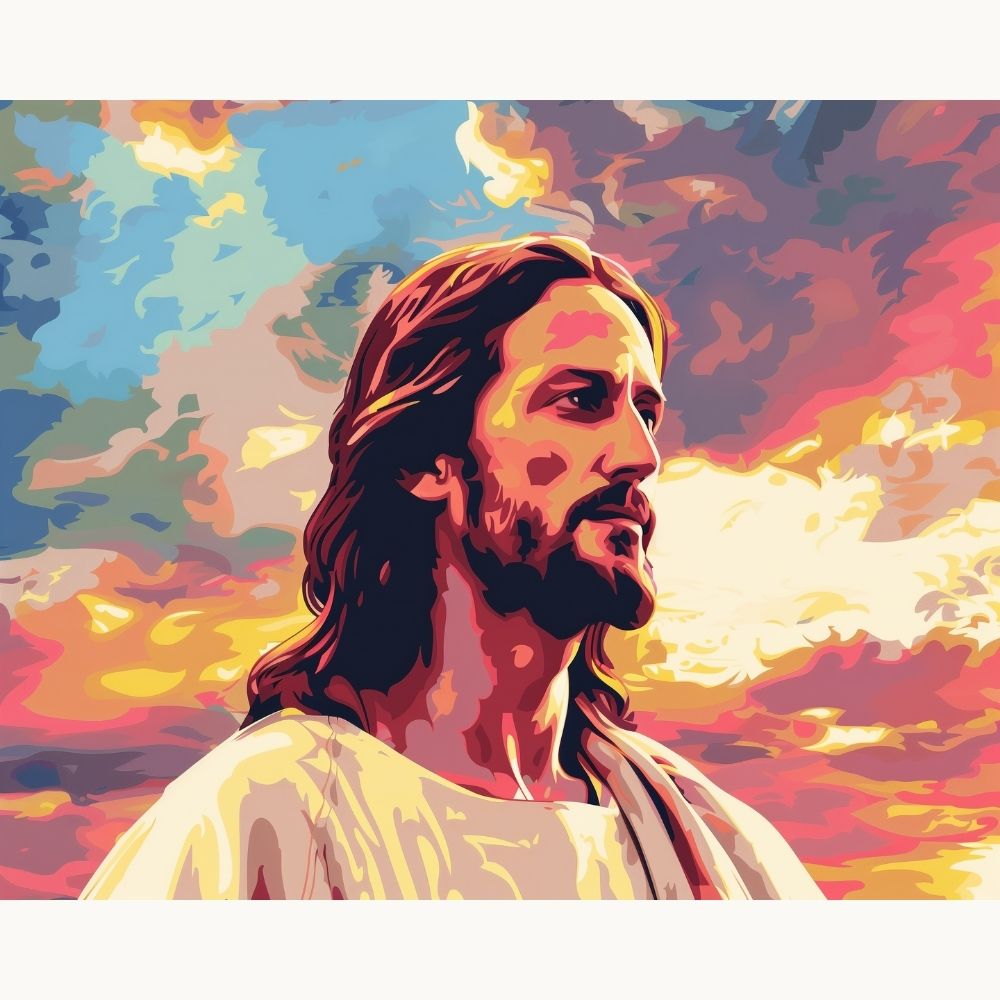 A square canvas print featuring a vibrant sunset background with multicolored clouds.
