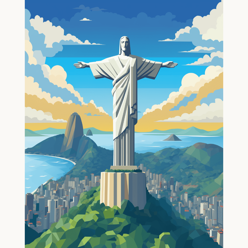 The image showcases a vibrant and detailed illustration of Rio de Janeiro's iconic Christ Redeemer statue towering above a cityscape.