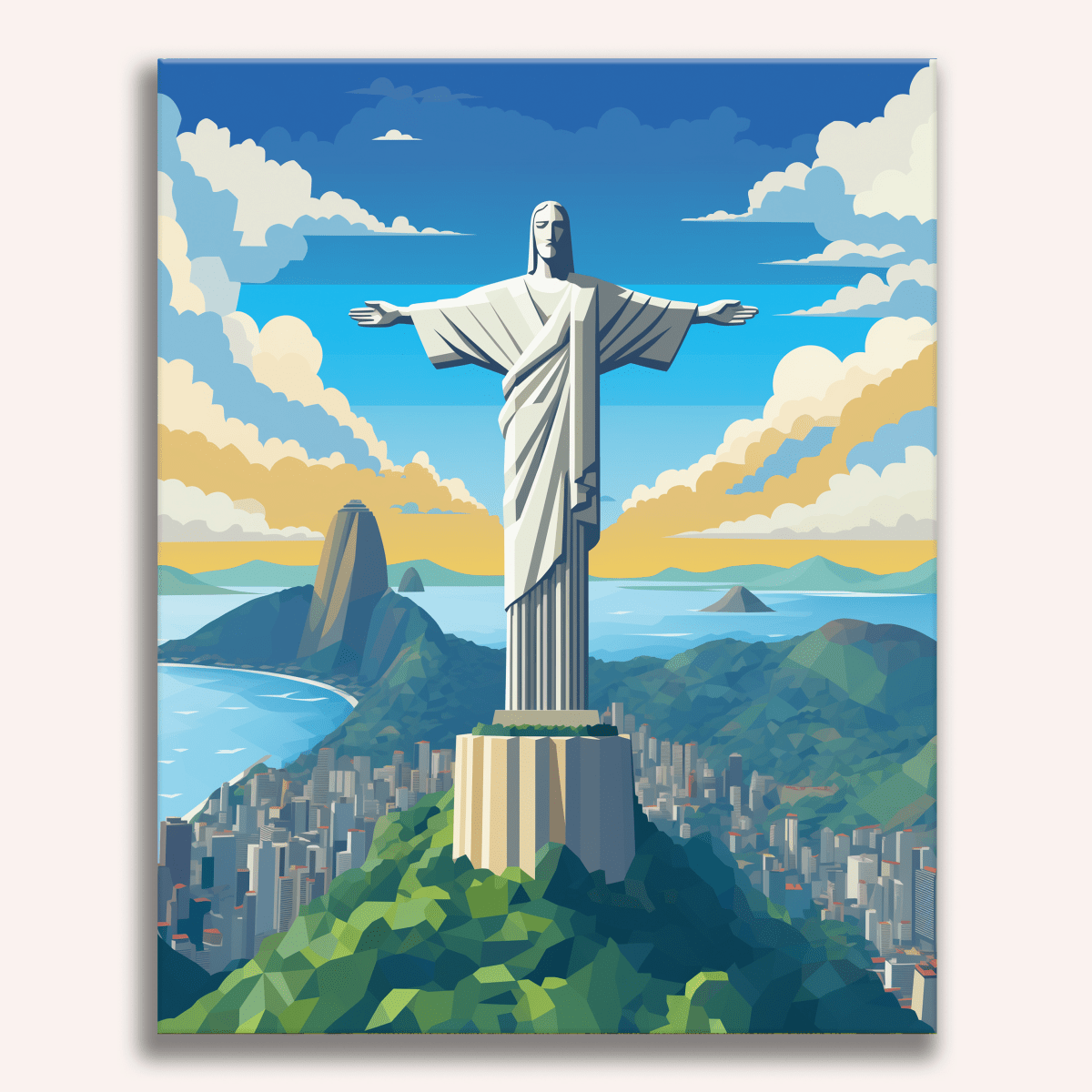 The image showcases a vibrant and detailed illustration of Rio de Janeiro's iconic Christ Redeemer statue towering above a cityscape.