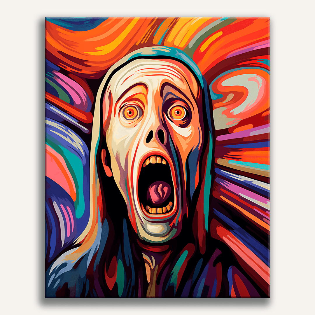 A poster featuring an abstract, colorful swirl background and a central figure resembling a terrified man or woman with wide-open mouth.