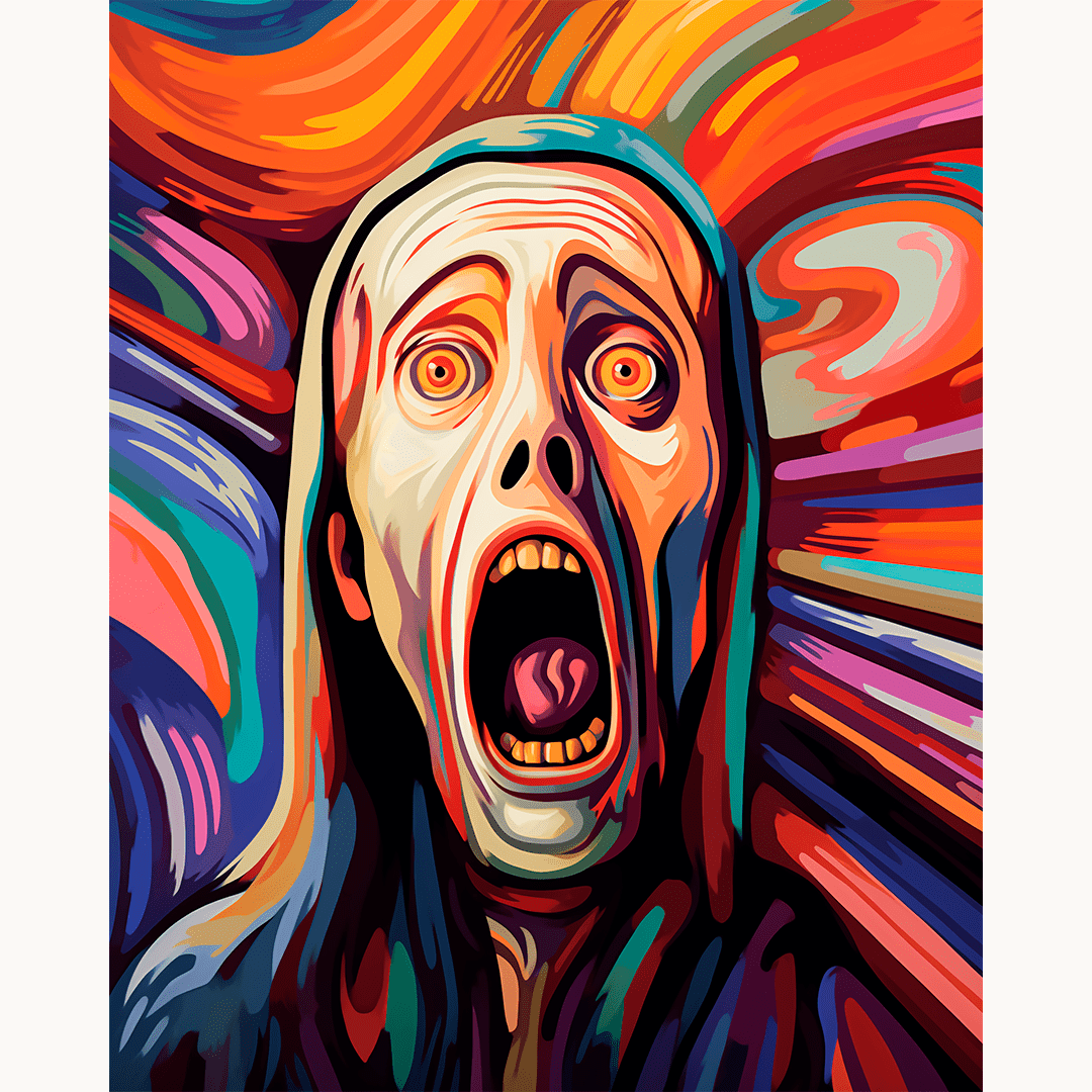 A poster featuring an abstract, colorful swirl background and a central figure resembling a terrified man or woman with wide-open mouth.