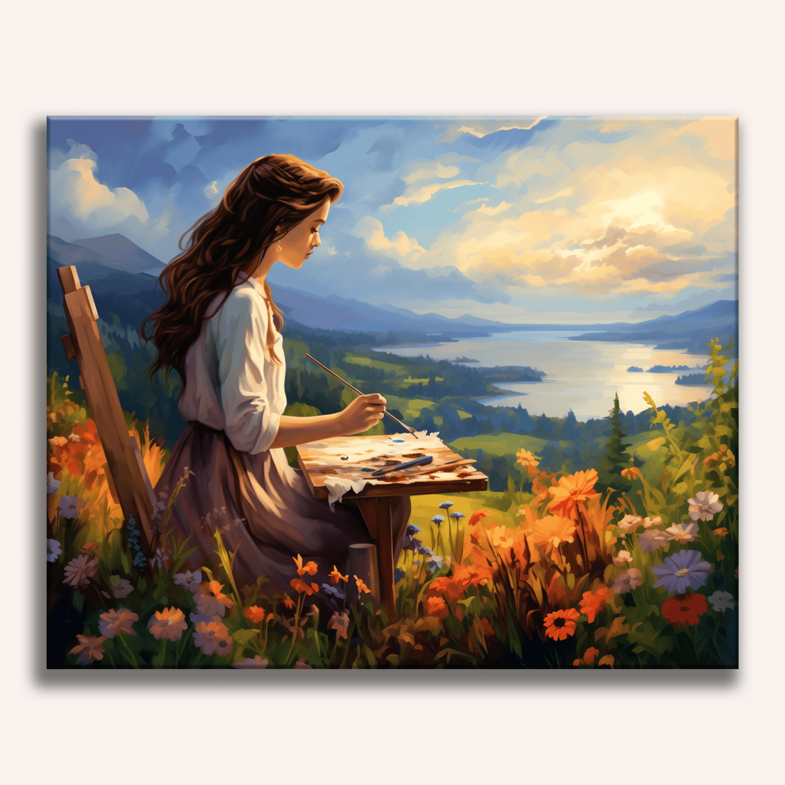In the image, a young woman is depicted sitting at an easel on a lush green field filled with vibrant wildflowers.