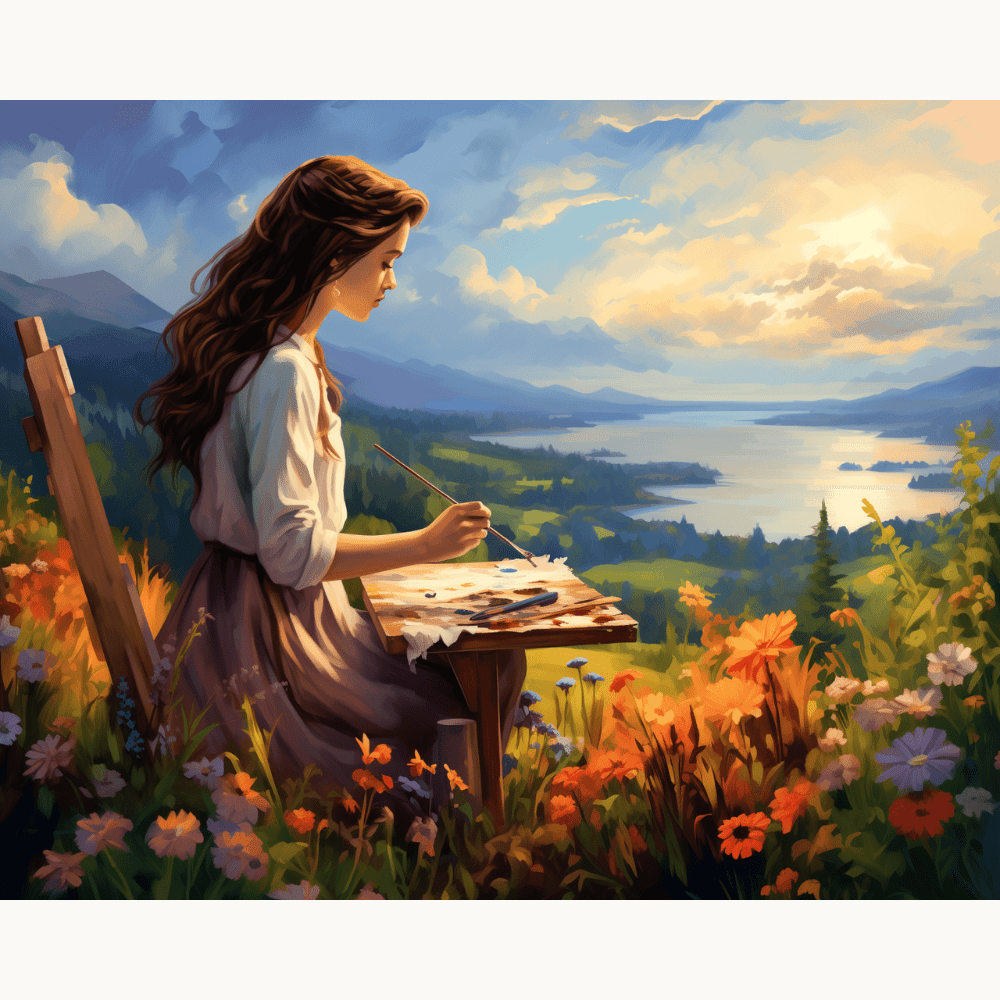 In the image, a young woman is depicted sitting at an easel on a lush green field filled with vibrant wildflowers.