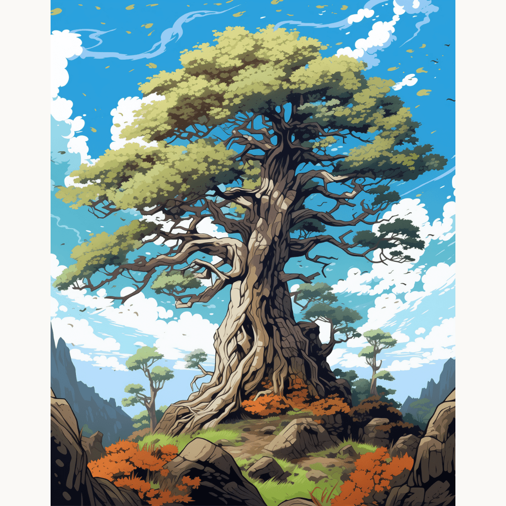 A tall, stylized tree stands prominently on a rocky outcrop, surrounded by a landscape featuring large rocks and a scattering of red plants, under a blue sky with white clouds..