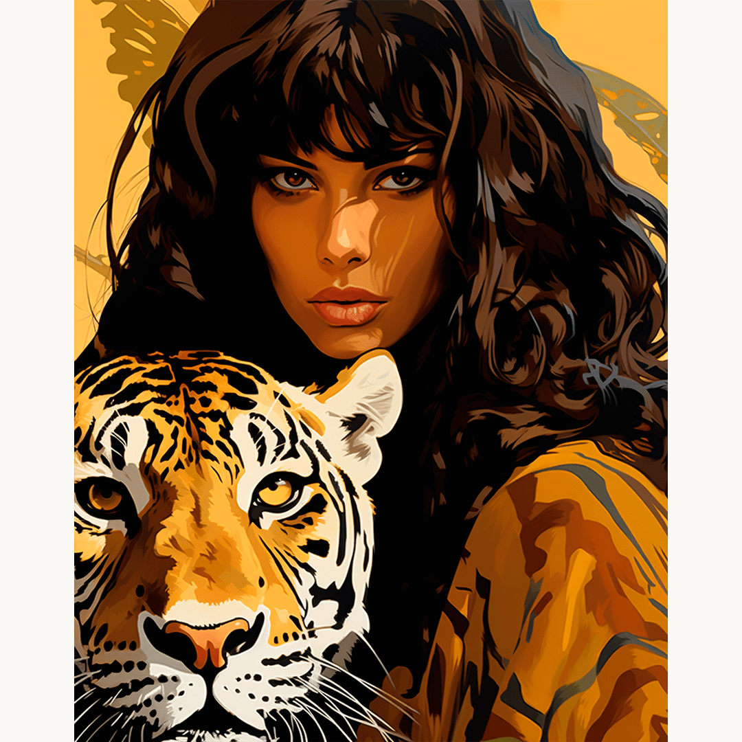 The image features a woman standing beside an adult tiger.