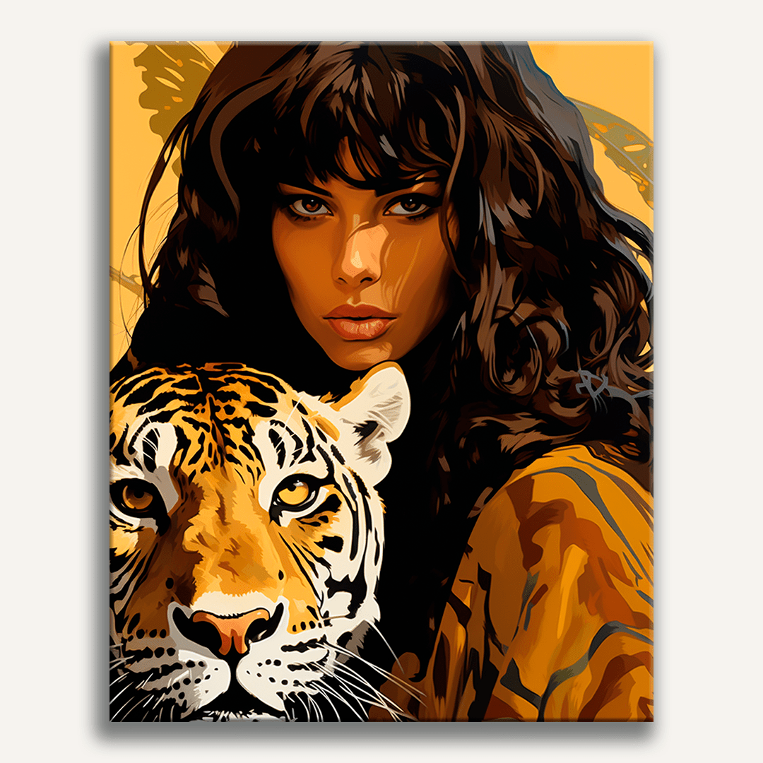 The image features a woman standing beside an adult tiger.