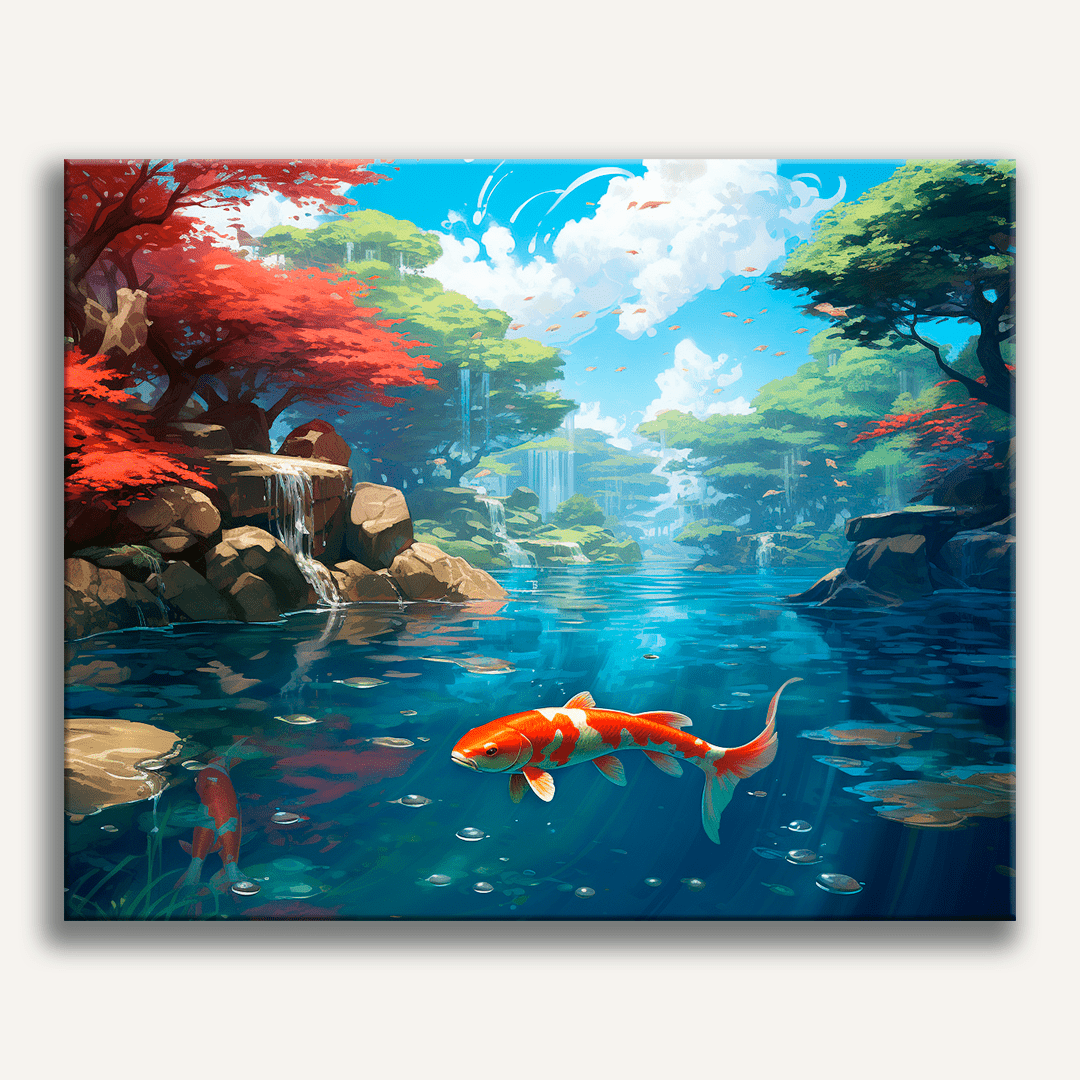 The image presents a serene underwater scene with a large koi carp swimming centrally amidst aquatic plants.