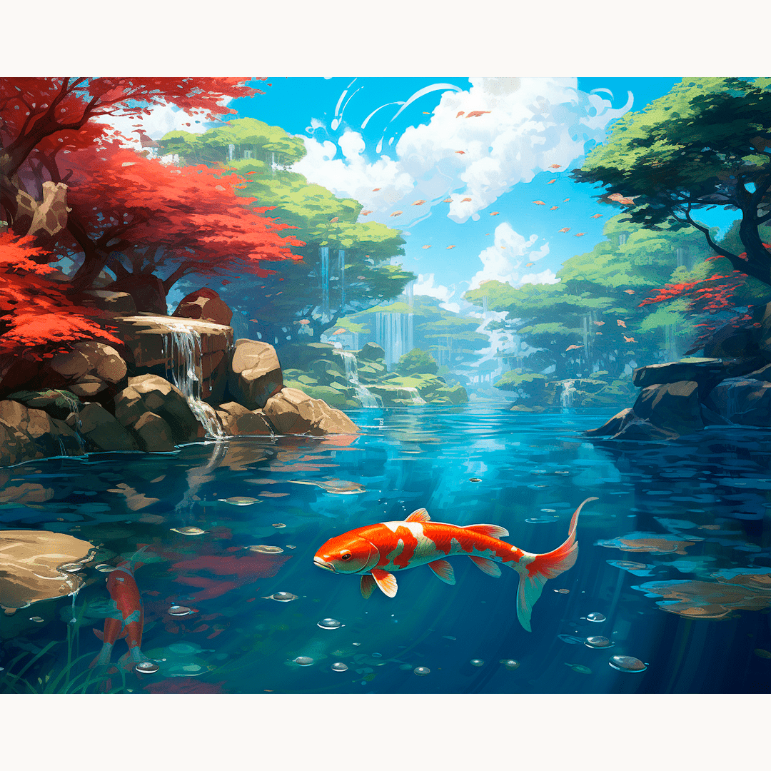 The image presents a serene underwater scene with a large koi carp swimming centrally amidst aquatic plants.
