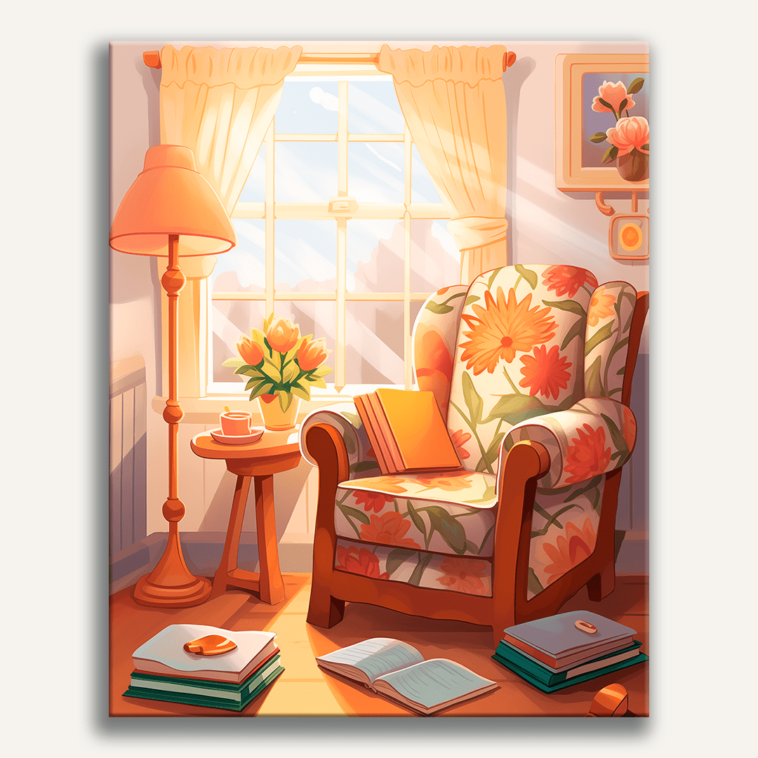 A cozy room setting featuring a comfortable armchair with a pillow on top, situated near an open window allowing natural light into the space.