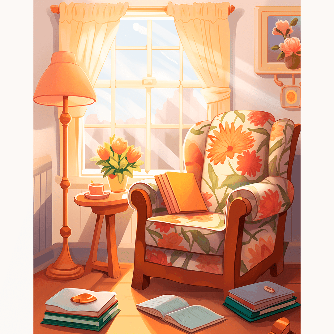 A cozy room setting featuring a comfortable armchair with a pillow on top, situated near an open window allowing natural light into the space.