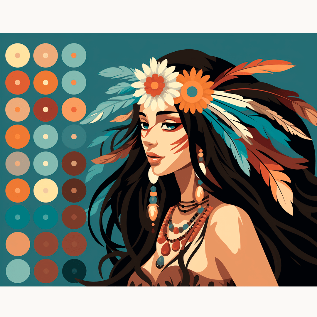 An illustration of a woman adorned with vibrant tribal headdresses and accessories.