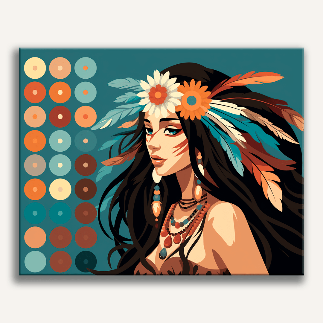 An illustration of a woman adorned with vibrant tribal headdresses and accessories.
