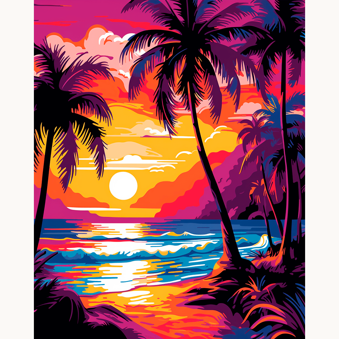 An illustration showcases a vibrant tropical scene at sunset.
