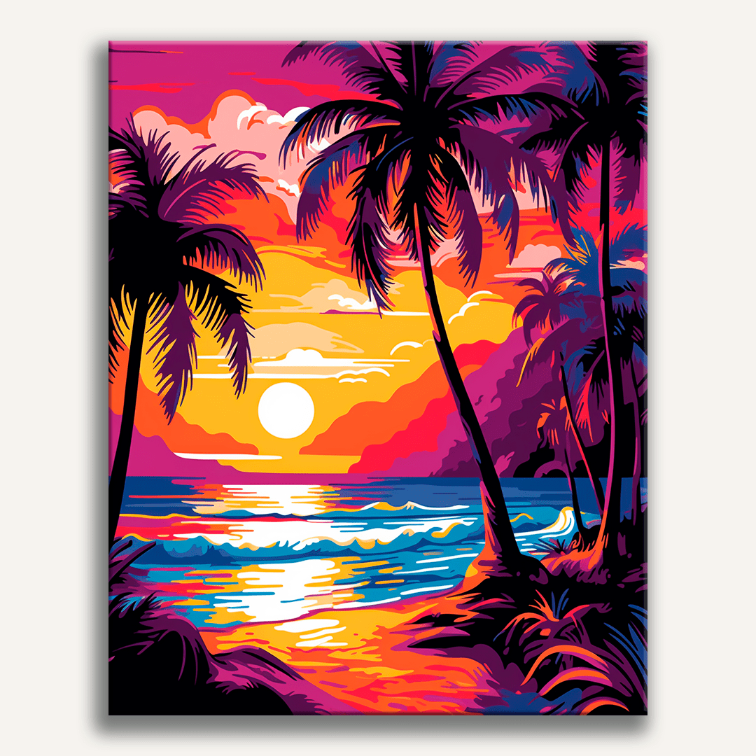 An illustration showcases a vibrant tropical scene at sunset.