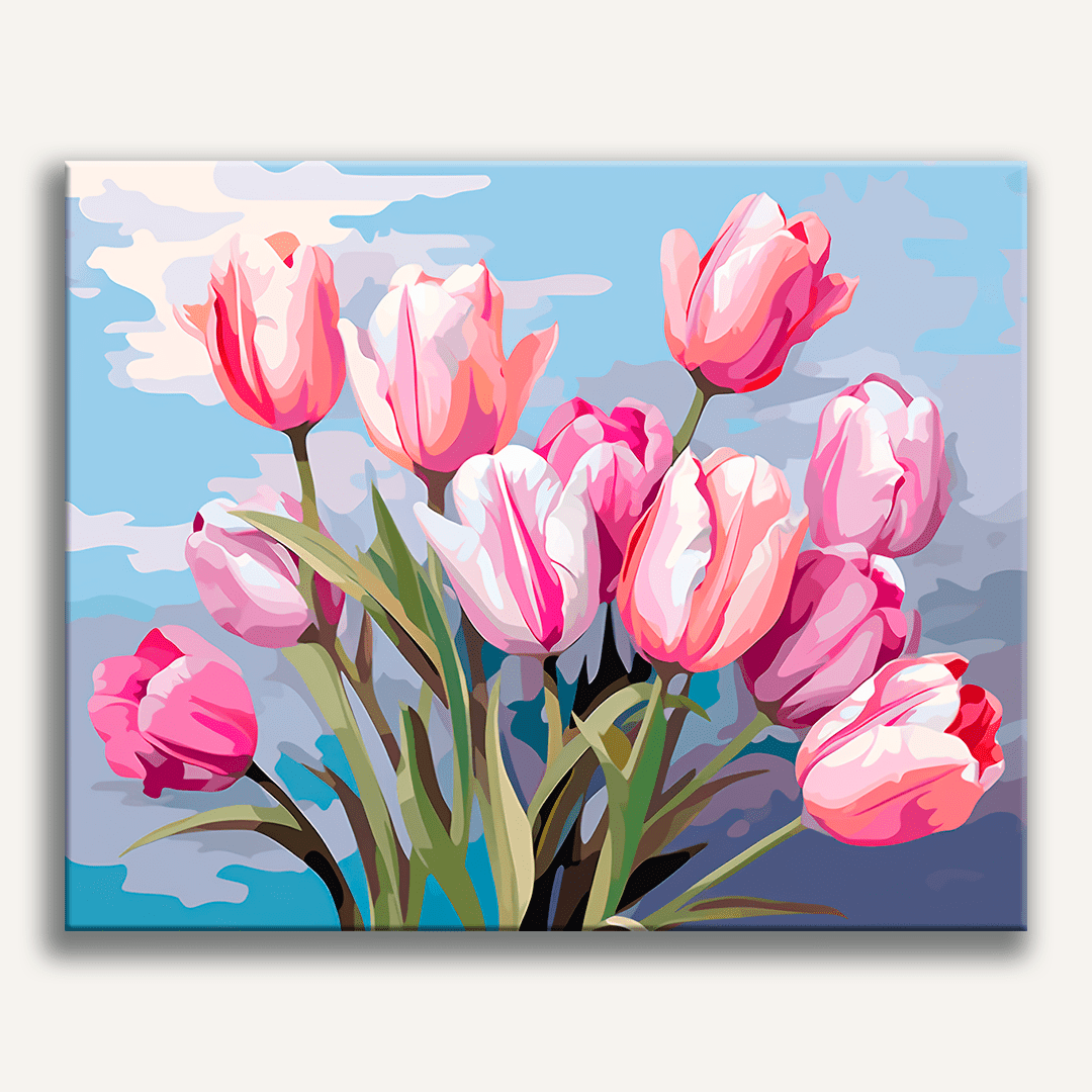 A vibrant digital art piece featuring a collection of large pink tulips blooming against a blue sky backdrop..