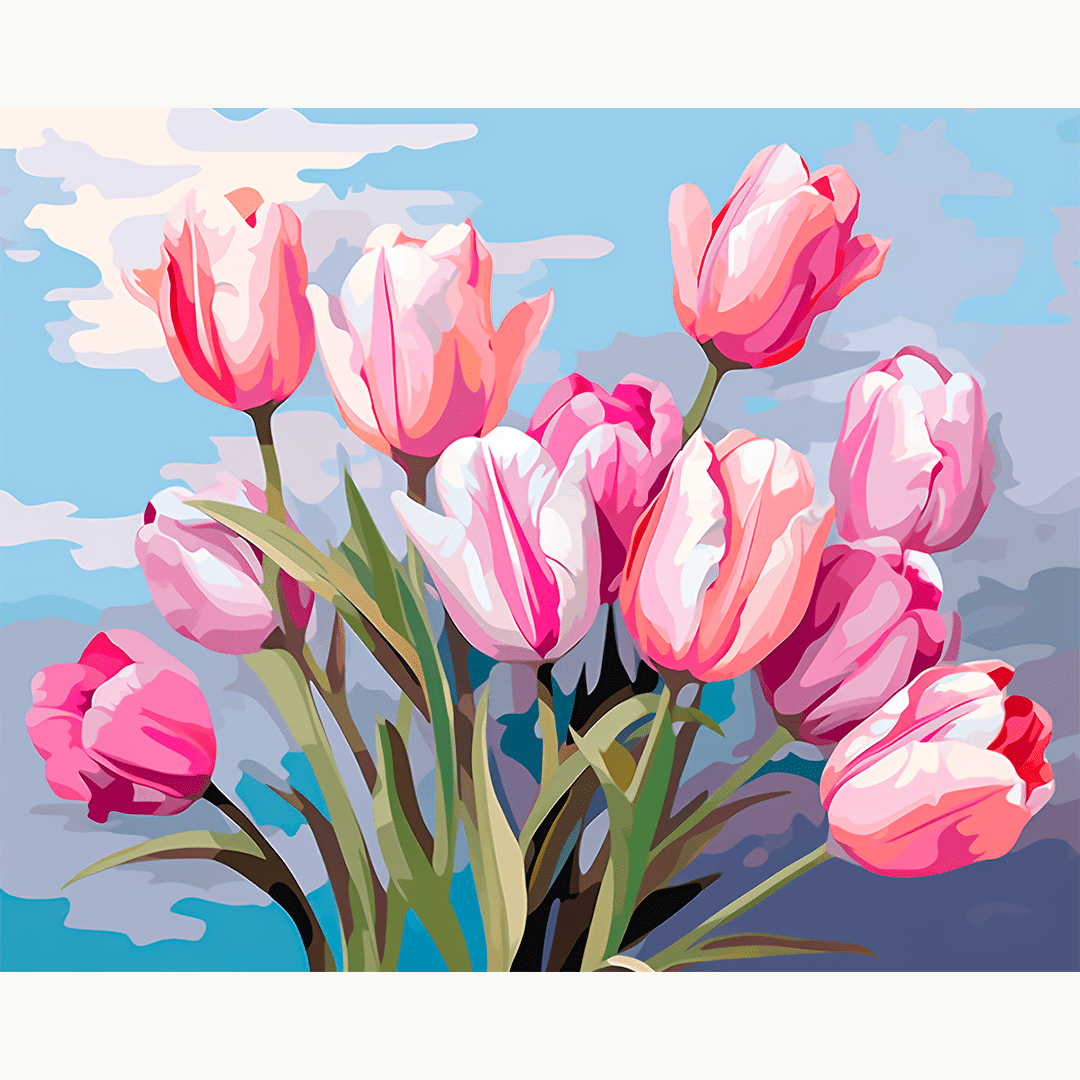 A vibrant digital art piece featuring a collection of large pink tulips blooming against a blue sky backdrop..