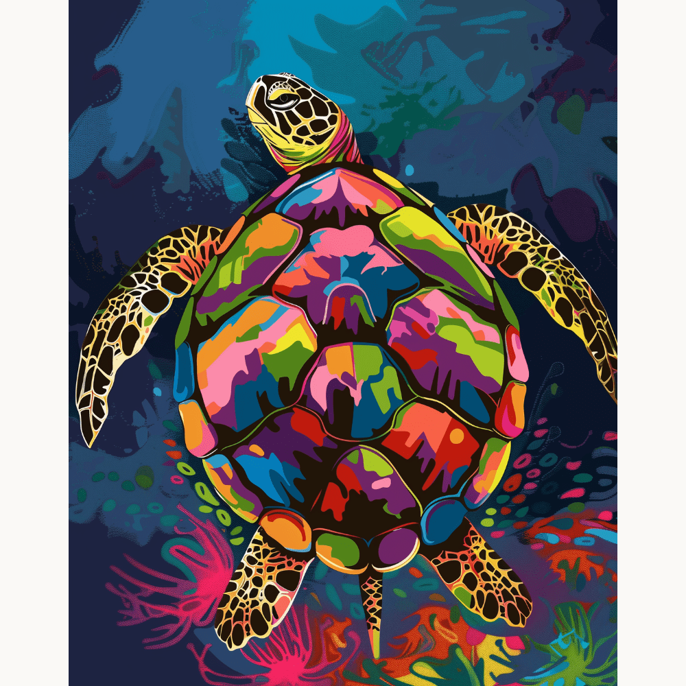 A vibrant sea turtle with a multicolored shell, set against an underwater background adorned with vivid coral formations and marine life..