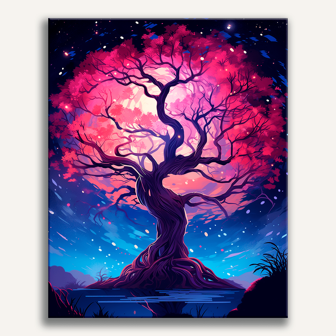 A stylized digital artwork features a tree with sprawling branches and pink flowers at its peak, centrally positioned on an island at night.