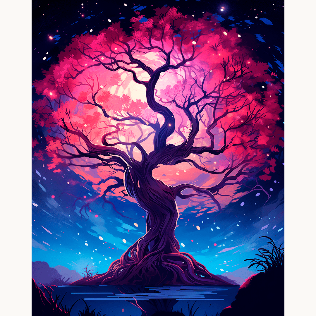 A stylized digital artwork features a tree with sprawling branches and pink flowers at its peak, centrally positioned on an island at night.